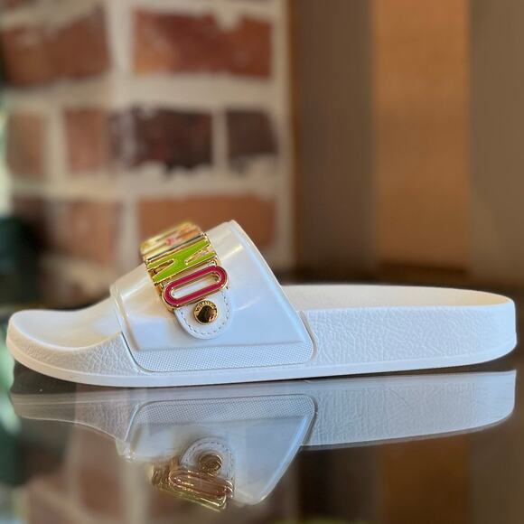 MOSCHINO White Multicolor Rubber Slides SZ 39 (9 US) - Picture 1 of 9